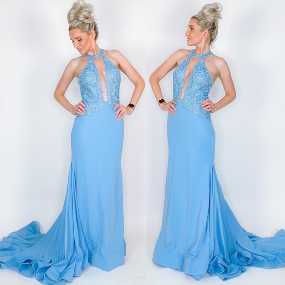 Blue Halter Lace Couture Pageant Prom Dress - Picture 7 of 8